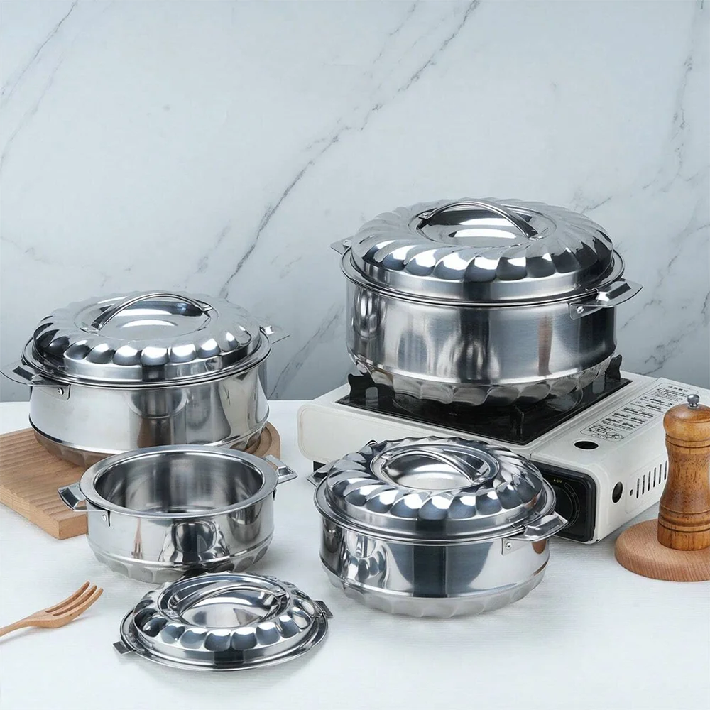 

Двухслойная изолированная кастрюля Lily из нержавеющей стали, набор из четырех предметов, разные размеры, для домашней кухни и обеденного стола.