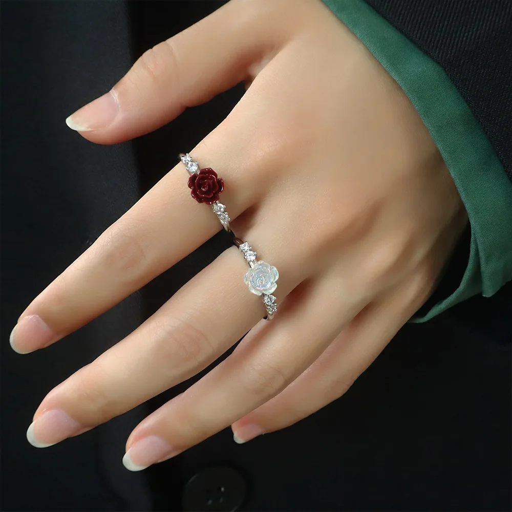 Korean 925 Sterling Silver Vintage Cinnabar Crystal Rose Flower Finger Rings For Women Money 925 Wedding Party Jewelry Gift