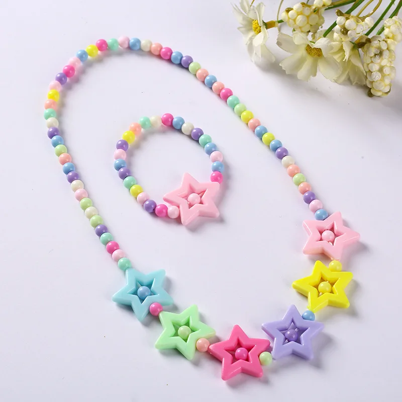 New Fashion Candy Color Beads Necklace Bracelets Kids Cute Flower Bow Strawberry Necklace for Party Birthday Jewelry Gift