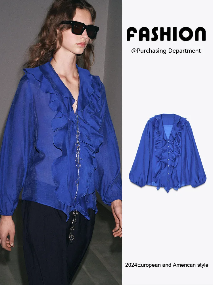 Fashionable V-Neck Long Sleeve Shirt Women's Spring New Arrival Layered Decorative European Style Top for Ladies