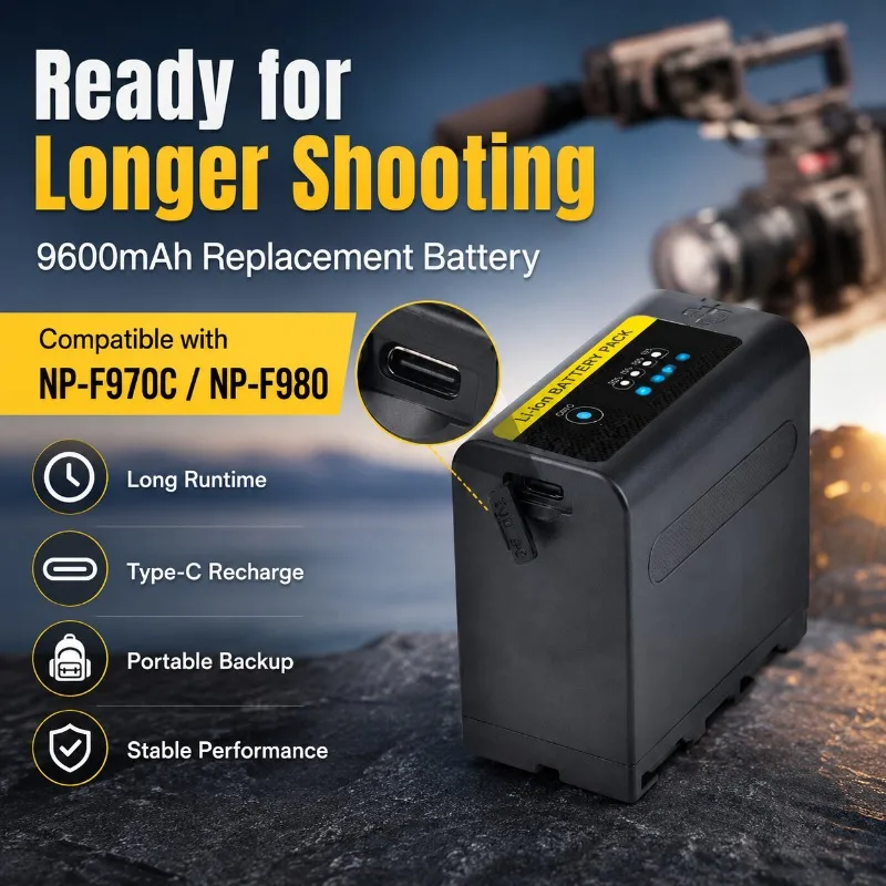 NP-F970C NP-F980 9600mAh Type-C USB-C Li-ion Battery Pack for Camcorder LED Video Light Monitor Camera Accessories battery pack