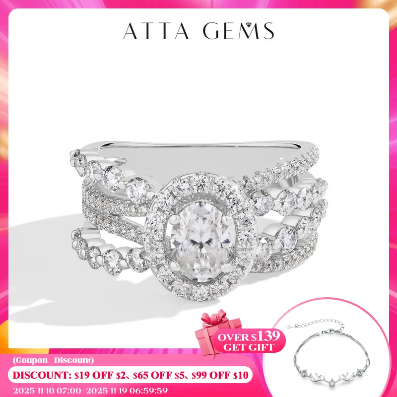 

ATTAGEMS овальная огранка 1,0 карата кольца с муассанитом полный D VVS1 бриллиант S925 стерлингового серебра для женщин обручальные украшения для невесты роскошный подарок