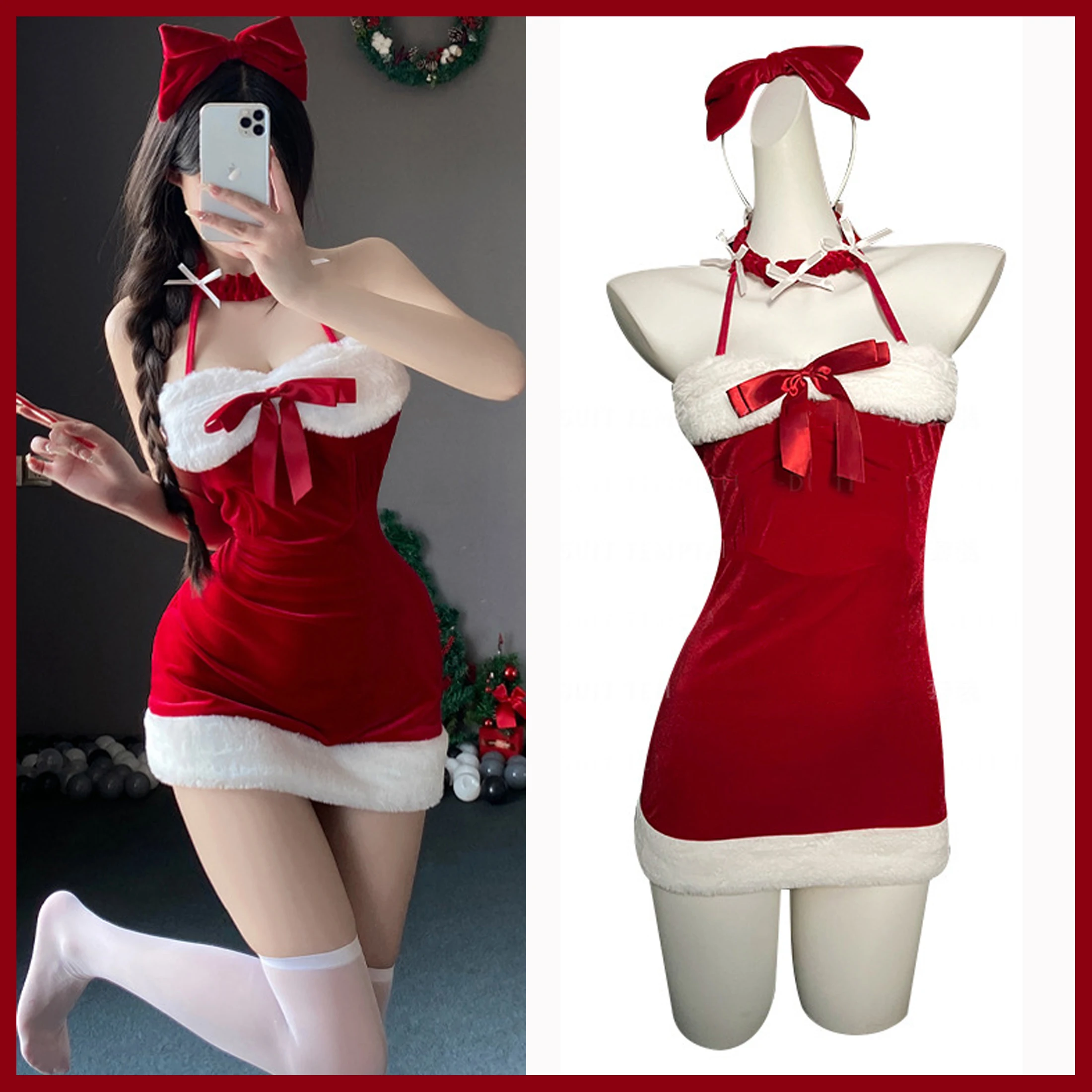 Christmas Cosplay Costume Sexy Bunny Holiday Red Velvet Dress Glitter Dresses Bodycon Party Performance Photoshooting Role Play