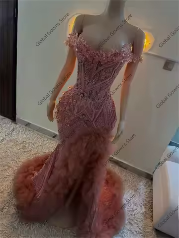 Amazing Pink Off The Shoulder Prom Dress Diamonds Gems Ruffles Tulle Mermaid Evening Gowns Formal Party Dress Customized