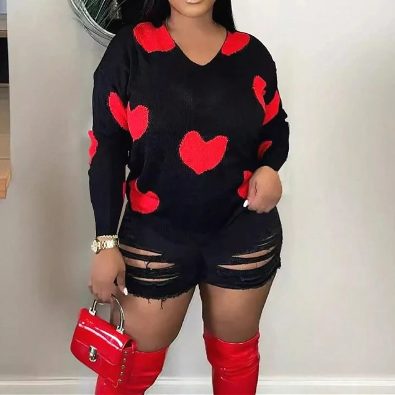 

Pullovers Women Sweaters Knitted V Neck Full Sleeve Tops Y2k Streetwear Elegant Splice Knit Print Casual Autumn Winter 2025
