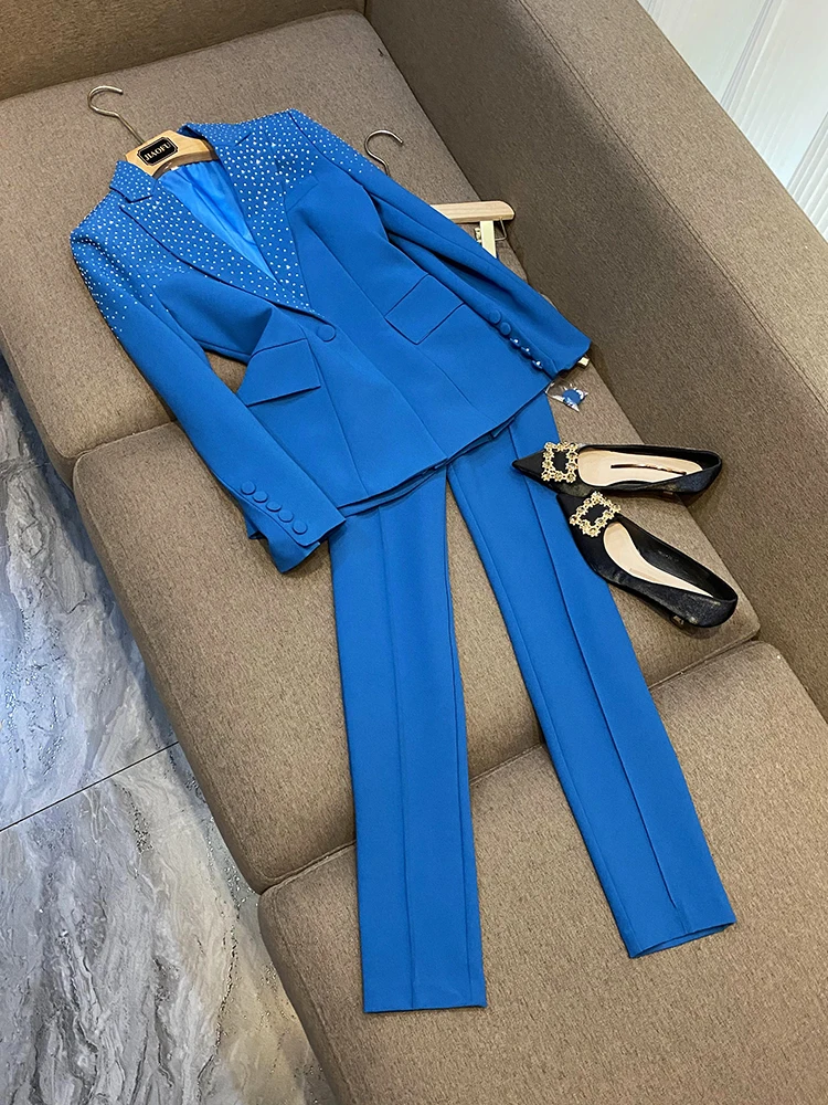 New Brand Runway Designing Fancy Single Button Beading Blazer 2 Pieces Sets Solid Pink & Blue Women Suits