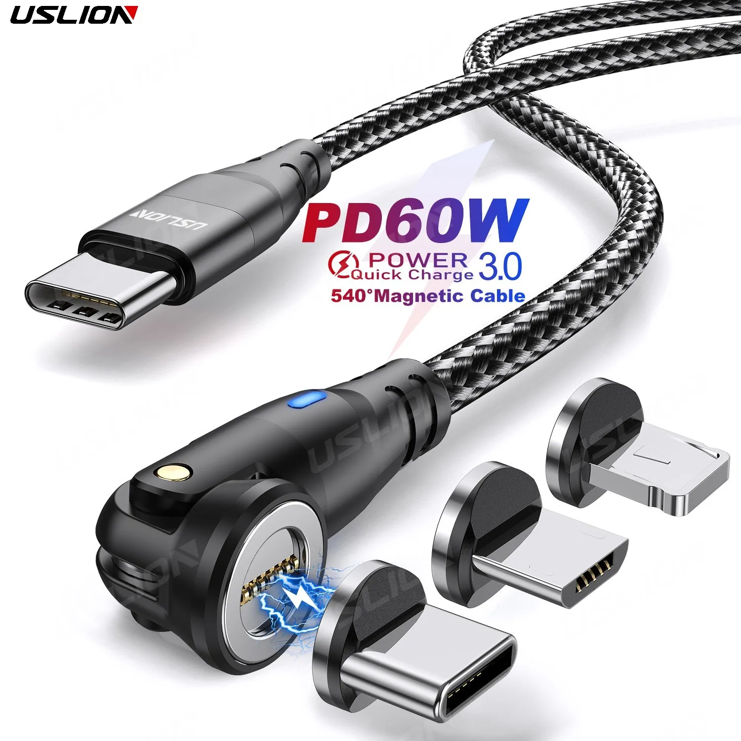USLION PD60W Magnetic Charging Cable Laptop Data Transfer Cable Tablet Type C Fast Charging Cable For Xiaomi Samsung Redmi