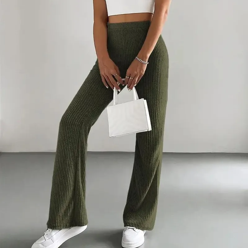 2025 Simple New Rib Knitted Trousers Women's Autumn Solid Color Casual Flared Pants Fashionable All-Match Slim Fit Long Pants