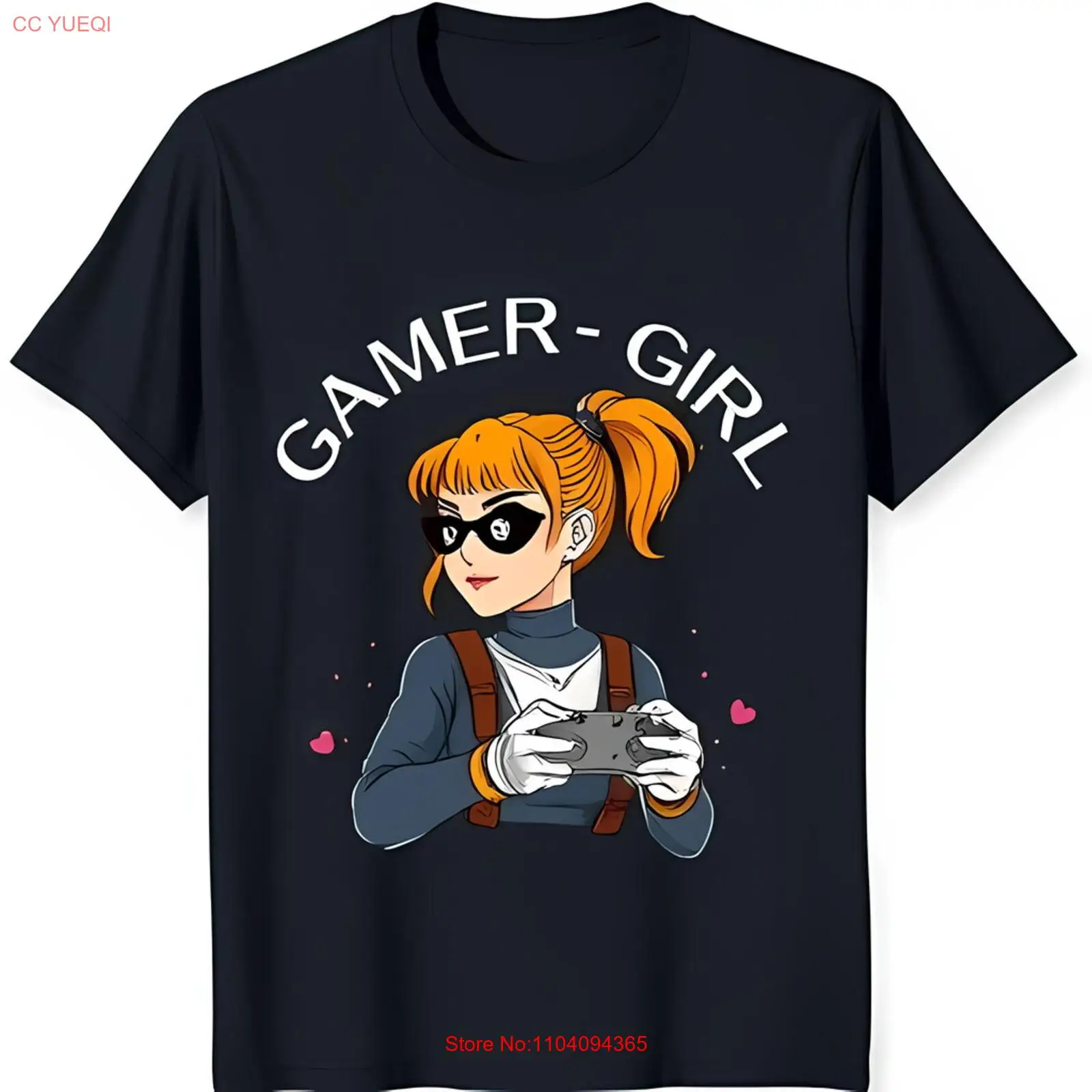 

Модная черная футболка с рисунком Gamer Girl с синими и розовыми сердечками
