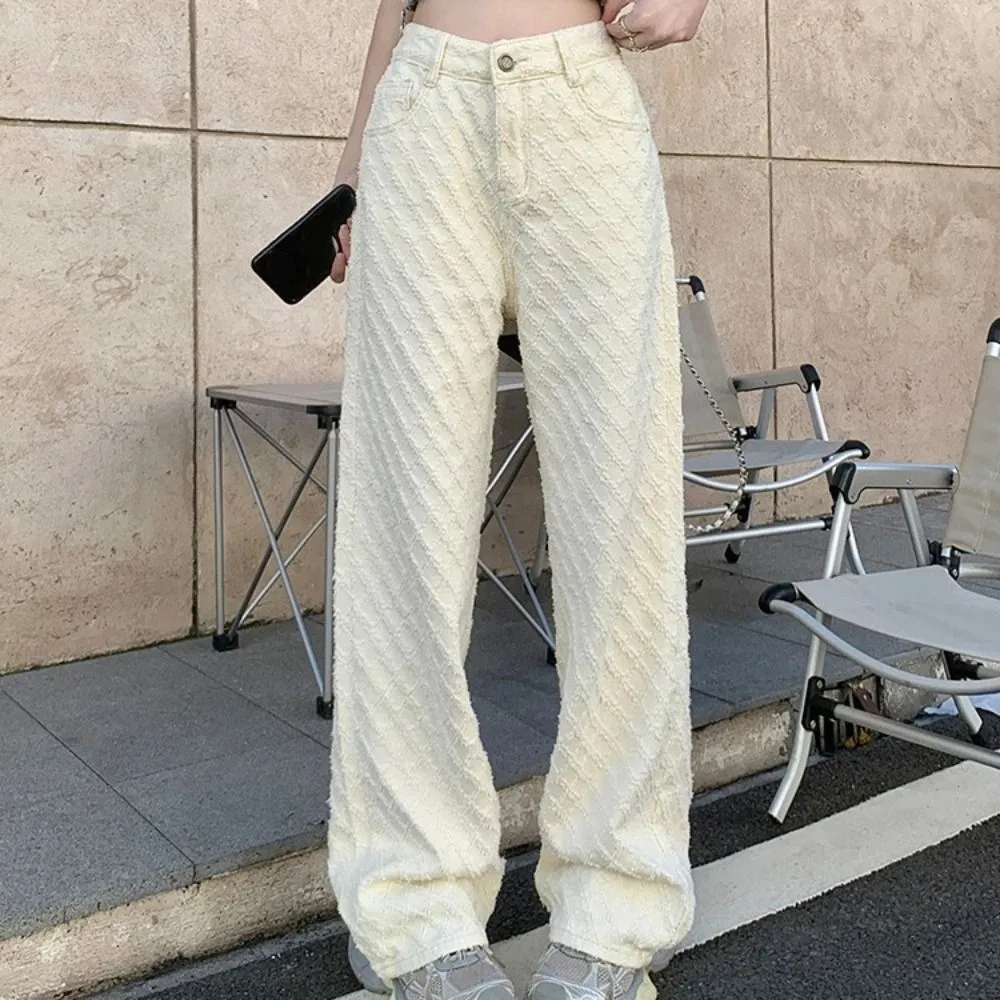 ファッショングリッドデニムジーンズバギーストレートレッグカウボーイパンツ韓国カジュアルハイウエストパンツストリートウェア