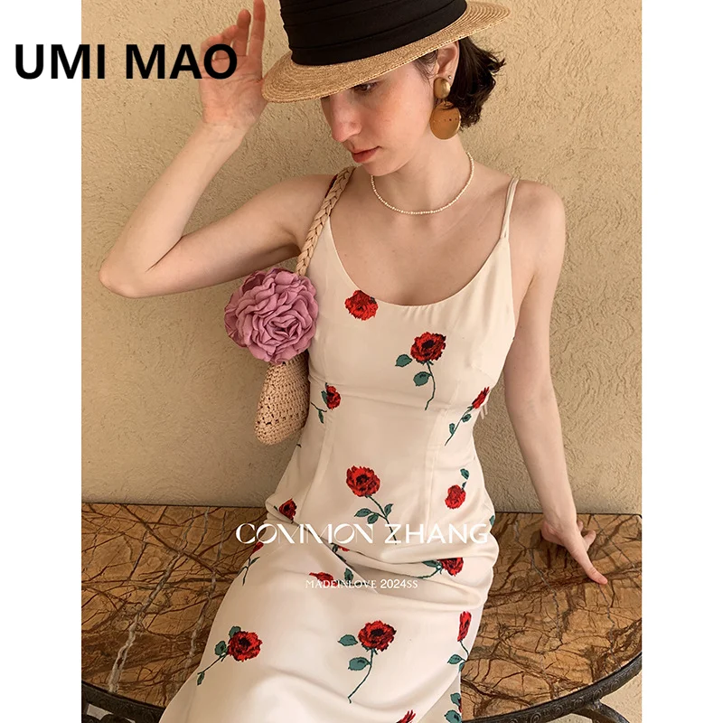 

UMI MAO French Dresses Femme 2024 Spring New Pure Desire Sexy Print Sexy A-line Strap Dress Elegant