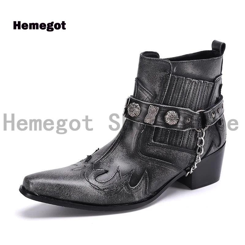 Vintage Gray Men's Boots Metal Chain Buckle Pointed Toe Ankle Chelsea Boots Genuine Leather Dress Boots Stylish Handmade Boots