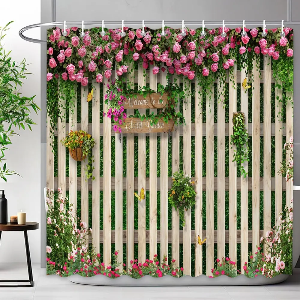Outdoor Garden Fence Flower Shower Curtain Rustic Garden Wall Natural Landscape Polyester Fabric Shower Curtains Bathroom Decor
