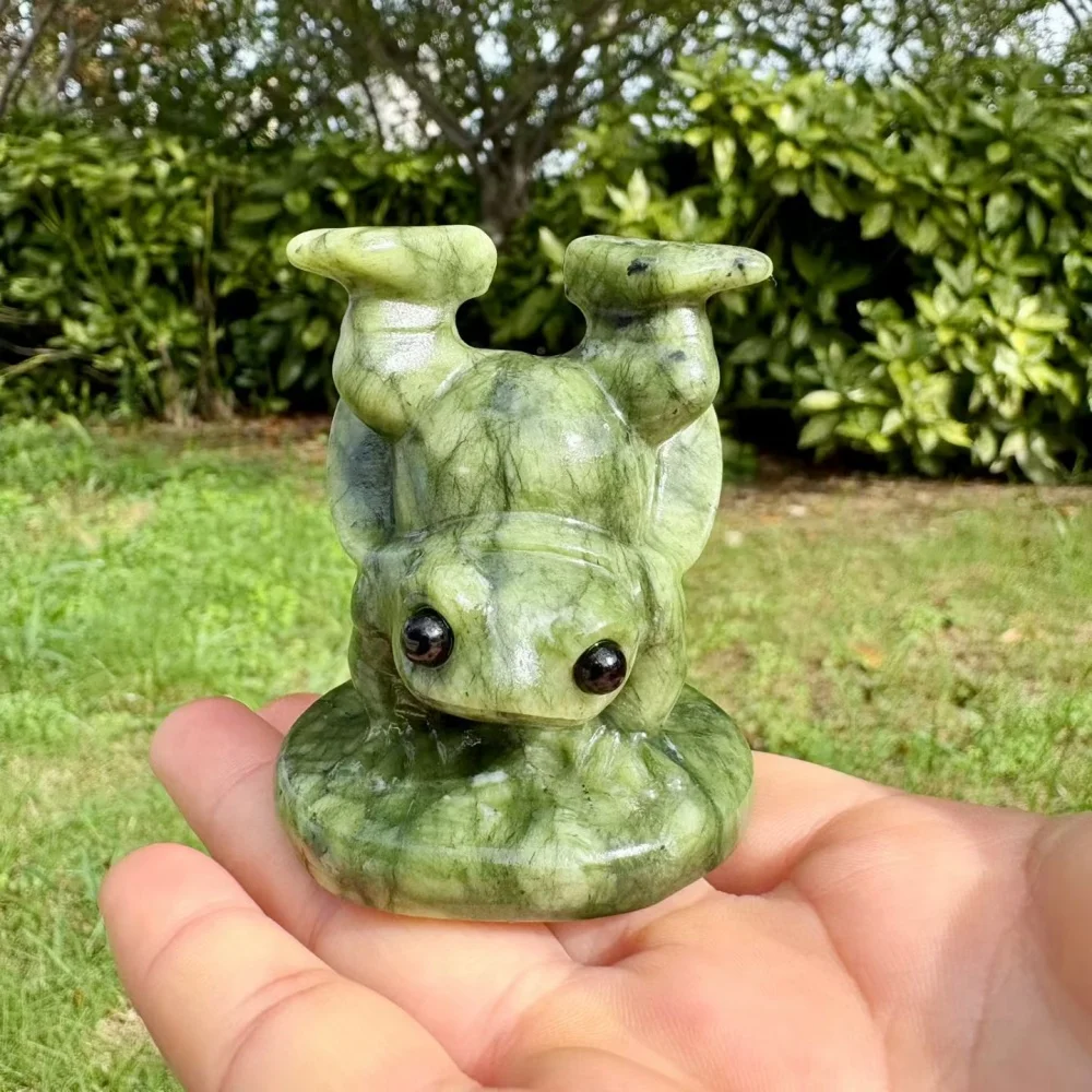 Natural Green Serpentine Jade Yoga Handstand Frog Statue Hand Carved Crystal Frog Figurine Healing Stone Cute Desktop Decor Gift