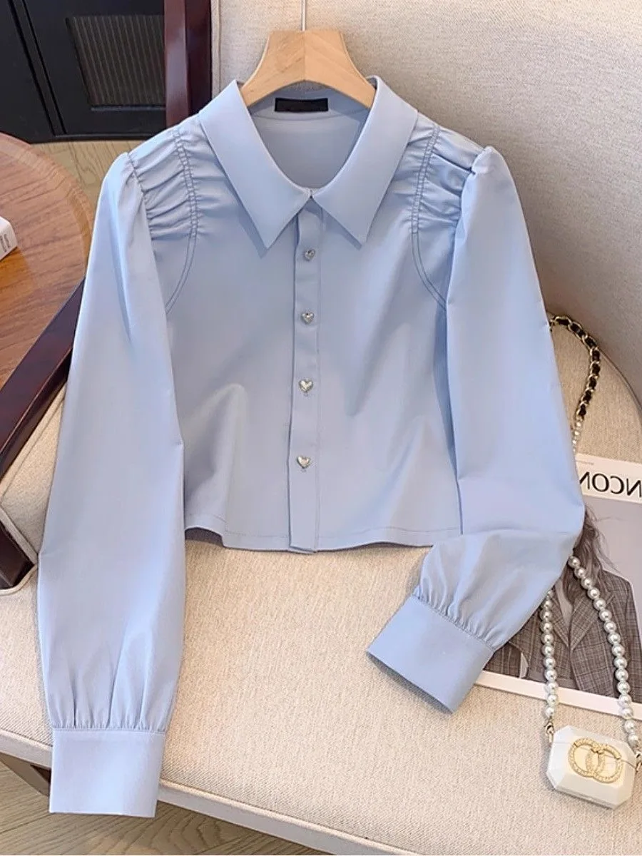 

Женская синяя рубашка с длинным рукавом, модный дизайн для ранней осени, корейский стиль, свободный крой, на пуговицах, однотонная, для повседневной носки