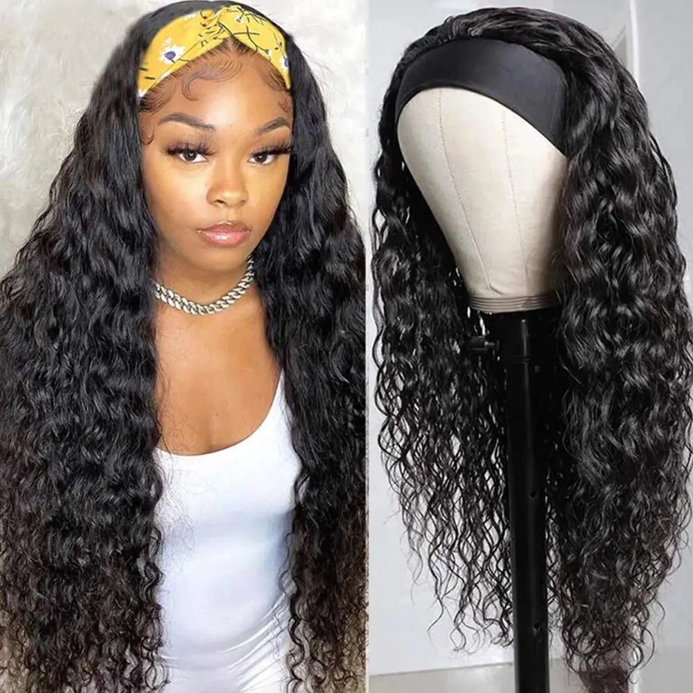 

Headband Wig Human Hair Curly Machine Made Brazilian Remy 100% Human Hair Wigs For Women Water Wave Headband Wig 180% Density