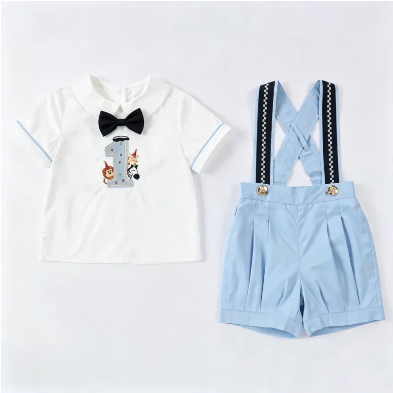 Summer Baby Boy Light Blue Animal Embroidery Shorts Outfit Set for 1st Birthday Party Photography B662