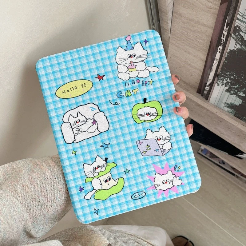 Cute Blue Plaid LCat Tablet Case For iPad Pro 11 12.9 13 A16 M2 M4 M3 M5 8.3 9.7 10.2 5/6/7/8/9/10/11th Mini Air 3 4 5 Cover