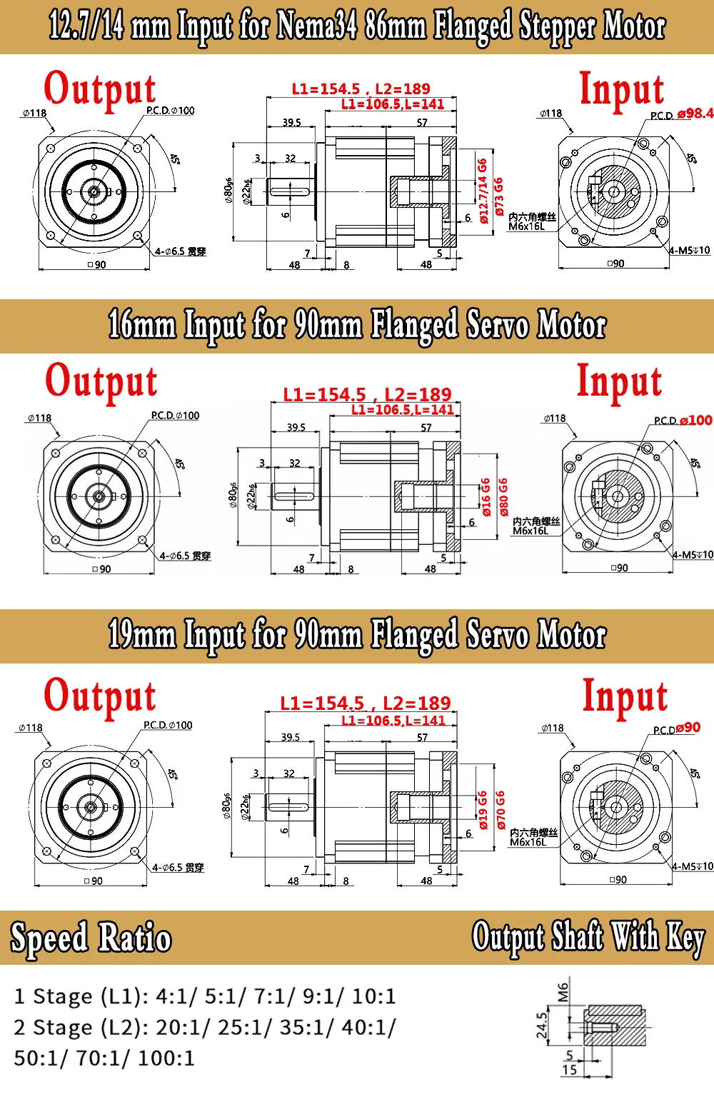 Ingranaggio elicoidale ad alta precisione Nema 34 rapporto riduttore epicicloidale 5:1 ~ 100:1 90mm flangia Servo riduttore epicicloidale 12.7 14 16 19mm ingresso