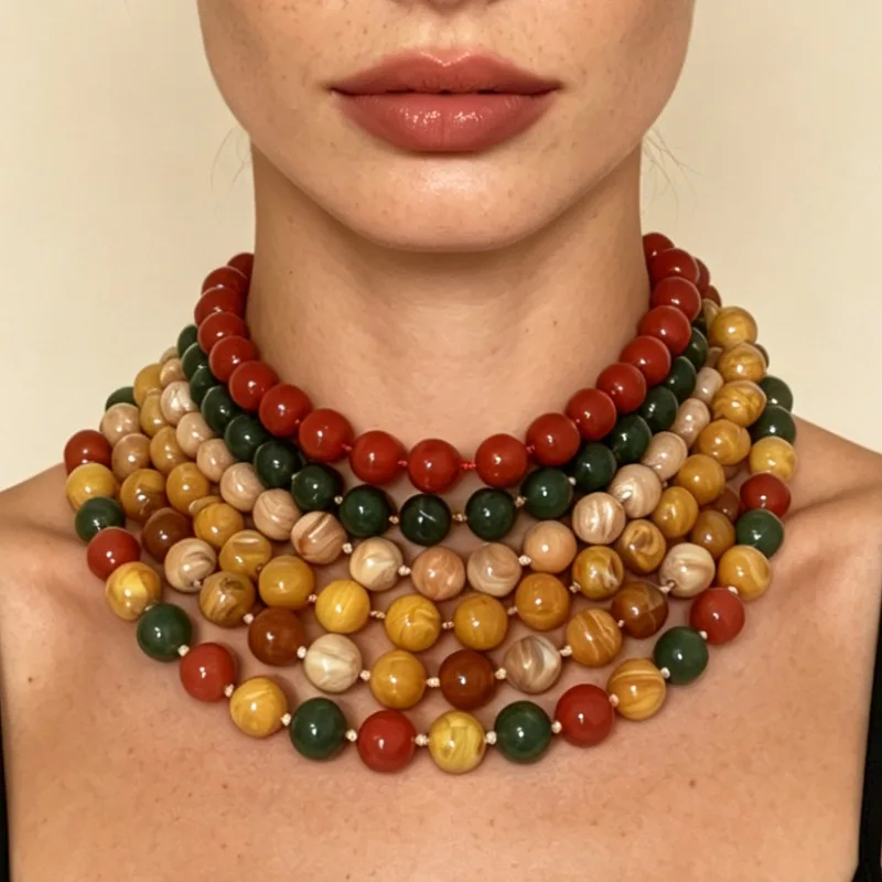 Dopamine Multicolor Round Beads Necklace Red Black Brown Natural Stone Multilayer Choker Boho Holiday Women Fashion Accessories