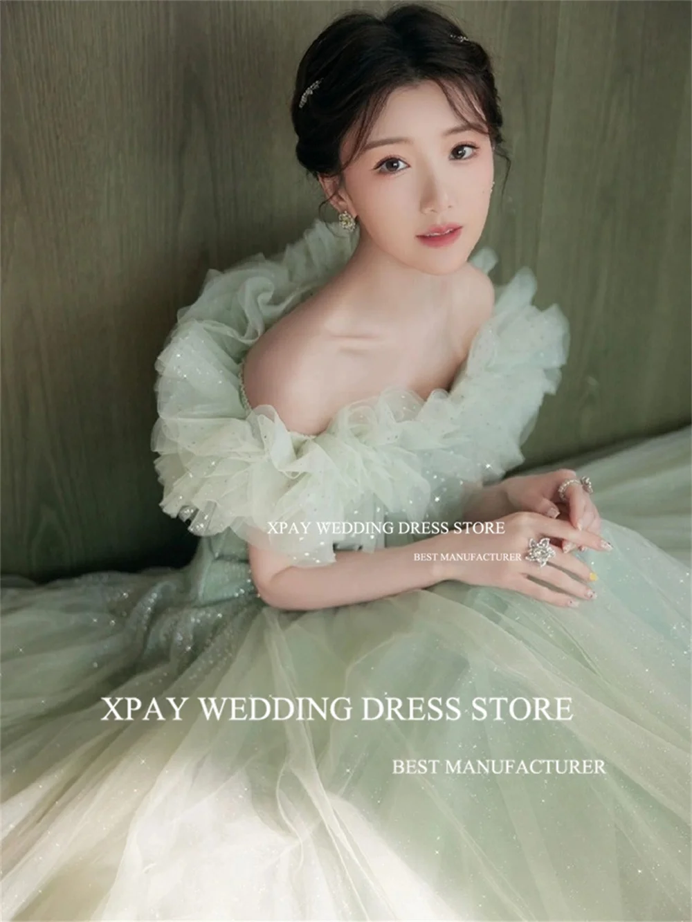 XPAY Off The Shoulder A Line Korea Evening Dresses Green Sparkly Ruffles Formal Prom Gown Photo Shoot Fairy Wedding Party Dress