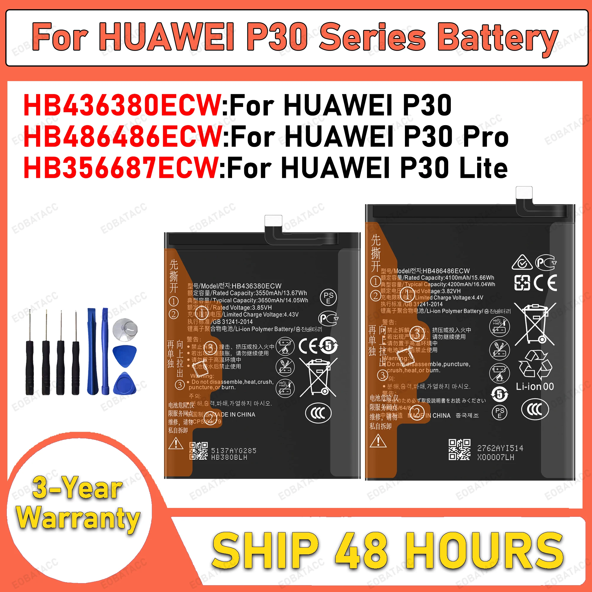 Ersatzakku für Huawei P30 P30 Lite P30 Pro HB436380ECW HB356687ECW HB486486ECW mit Reparaturwerkzeugen