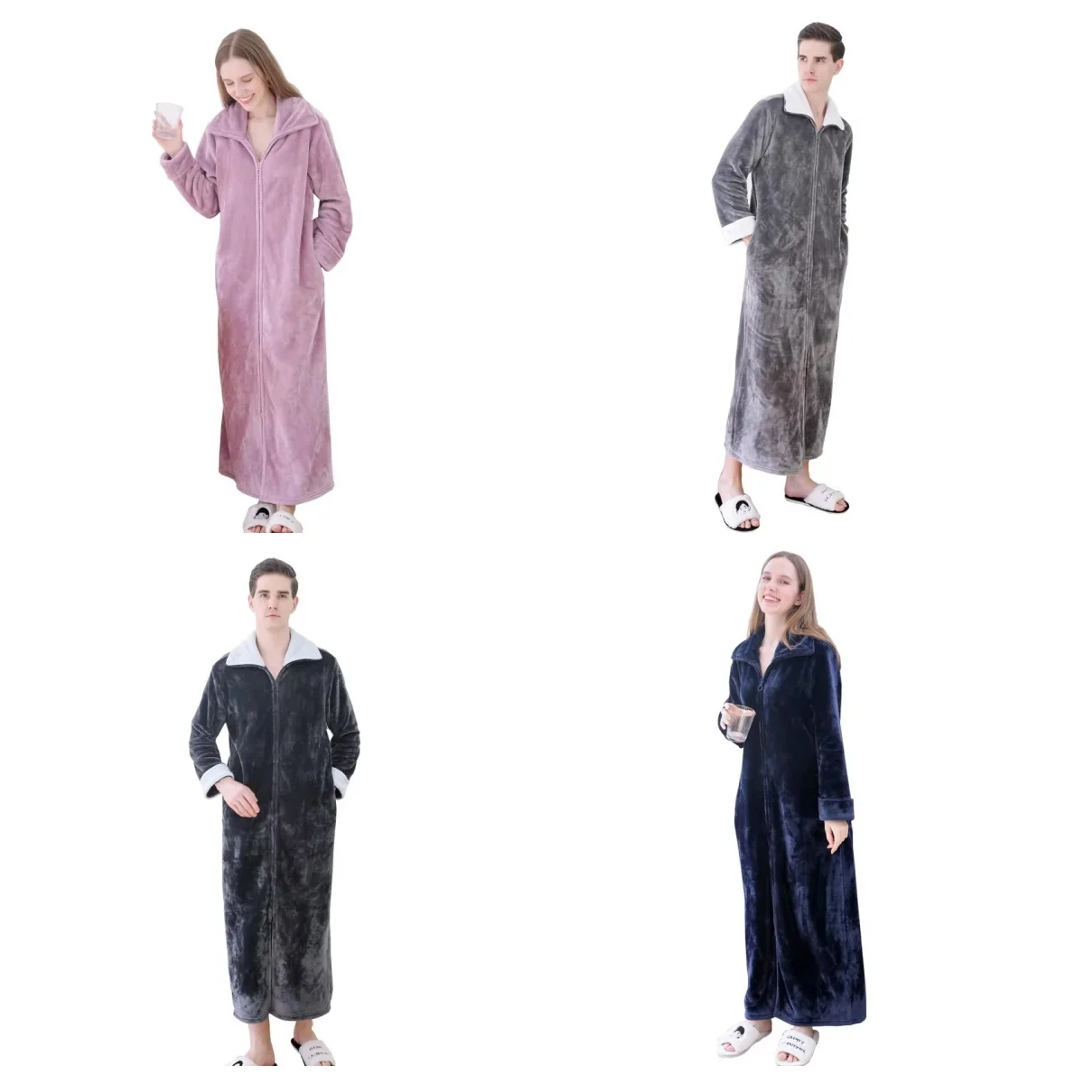 Autumn Winter Flannel Zipper Robes for Women Couples Night Dress Fashion Warm Big Lapels Kimono Lengthen Thicken Dressing Gown