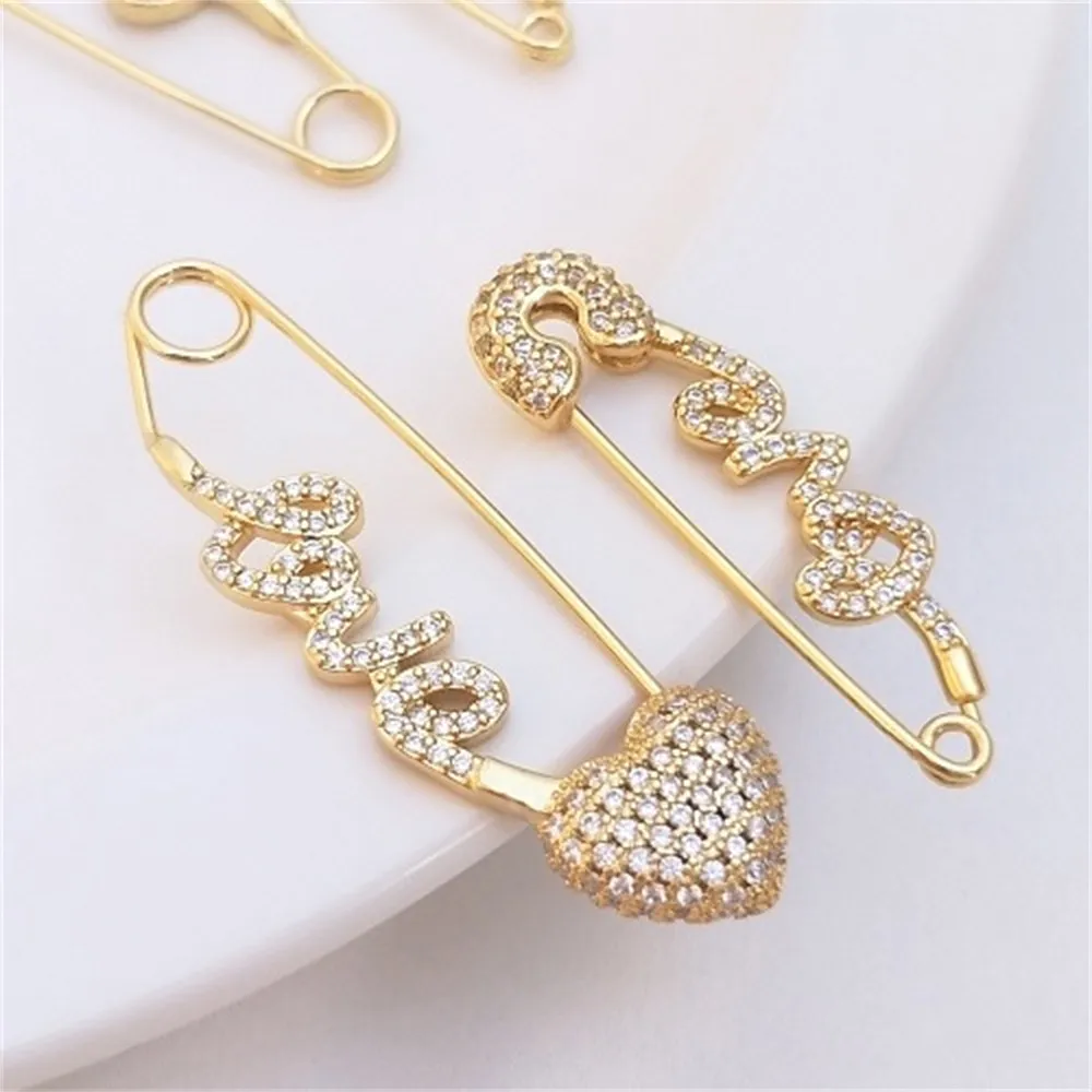 14K Gold Micro Inlaid Zircon Earrings, Love Brooch, Handcrafted Return Shaped Brooch, DIY Headpiece Earrings E102