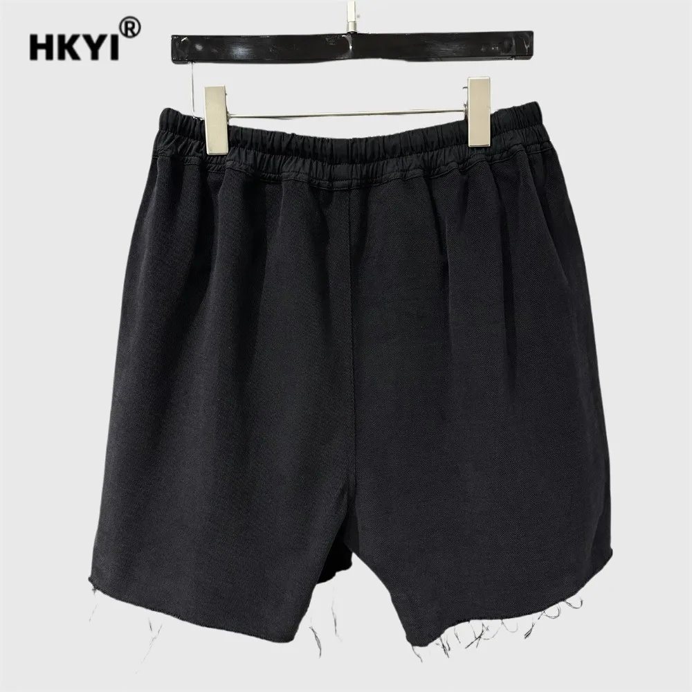 HKYI Men's and Women's Fashion Show Embroidered Letter Drawstring Diagonal Brushed Edge Pants with Split Legs Loose Shorts
