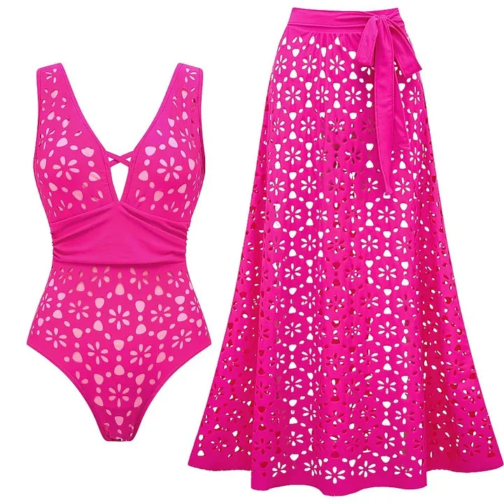 Women Cutout Floral Swimsuit Set Deep V Cross Back One Piece Bathing Suit with Long Wrap Beach Skirt Cover Up