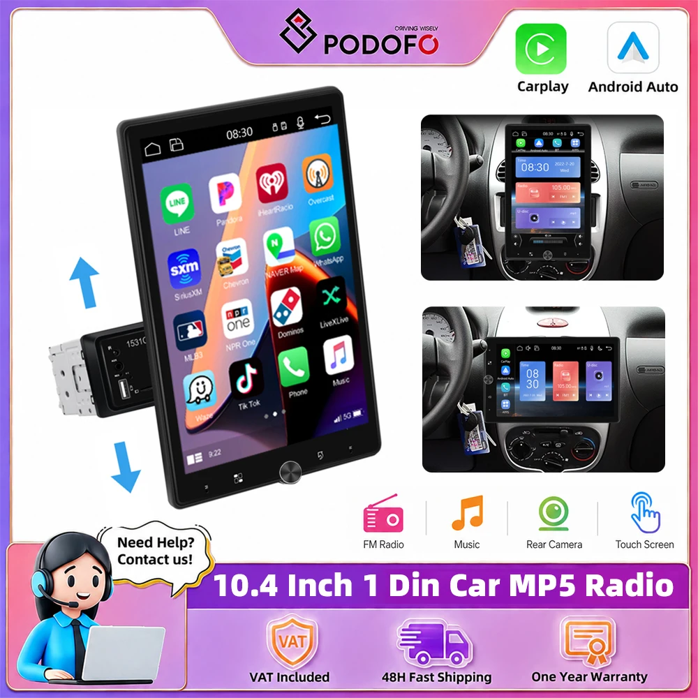 Podofo Autoradio 10.4" 1 Din con Carplay e Android Auto, Rotazione Manuale, Lettore MP5, Mirror Link, Schermo Touch Capacitivo, Sistema Multimediale Universale per Auto, Bluetooth, USB, FM