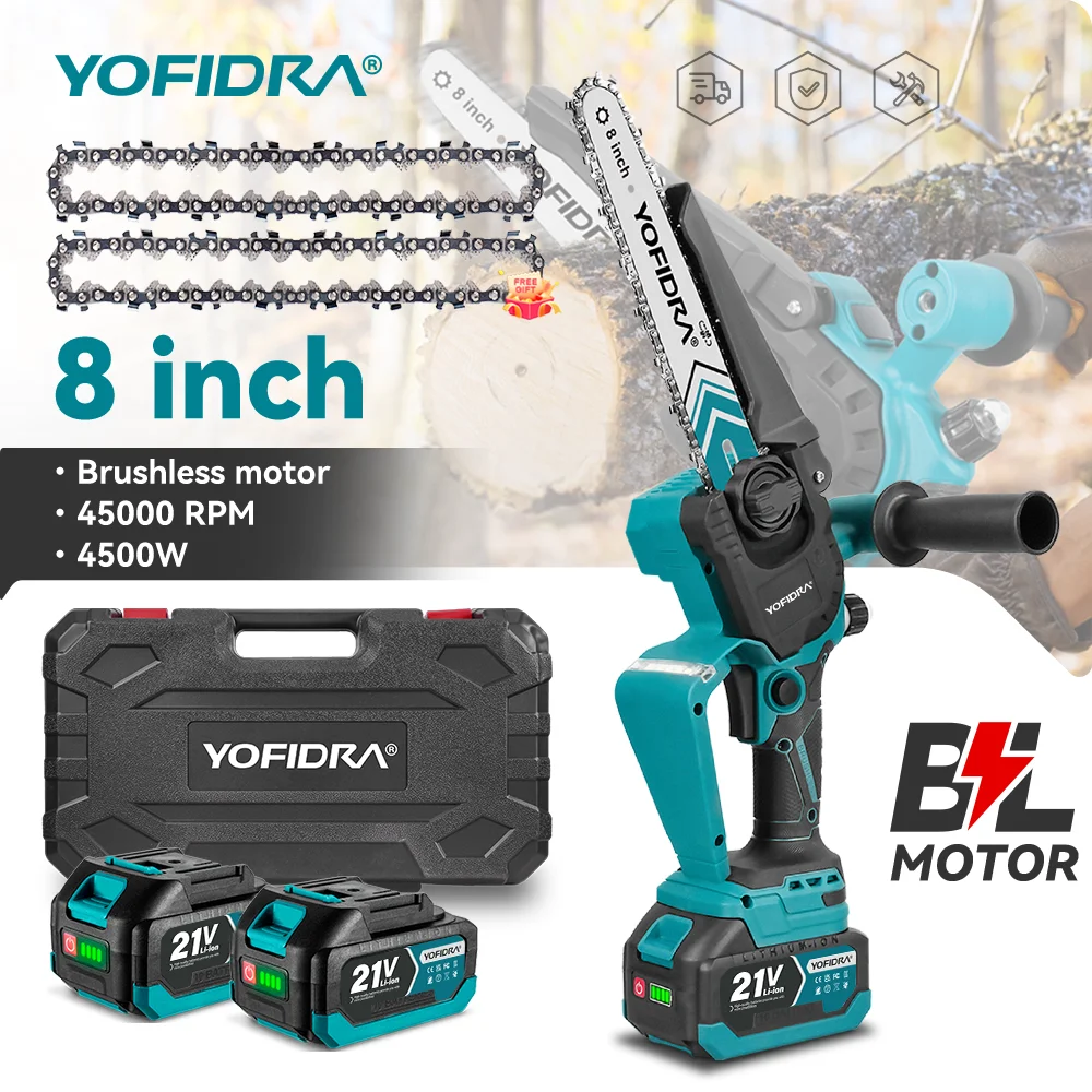 YOFIDRA 8 Zoll bürstenlose elektrische Kettensäge Akku-elektrische Säge Holzbearbeitung Garten Astsäge Werkzeug für Makita 18 V Batterie Pins