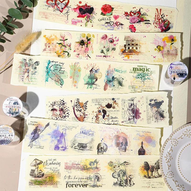 60mm*2M Collage fragments Decorative Adhesive Tape Retro Plant Masking Washi Tape Scrapbooking Stickers Label Stationery