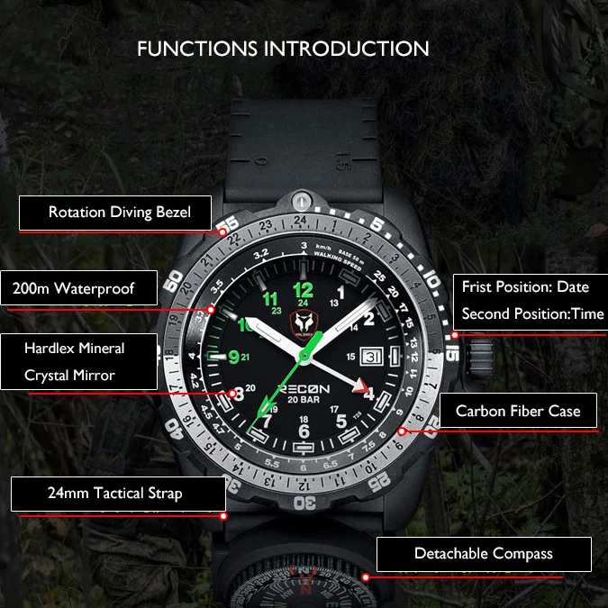 Hnlgnox Mens Military Watches Diving Watch 200M Quartz Wristwatch Carbon Fiber Luminous Compass Tactical Strap Tachymeter