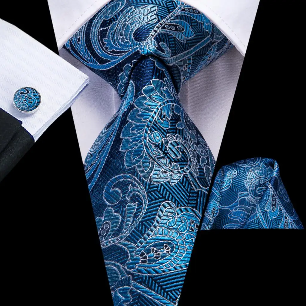 

Teal Blue Floral 63inch Silk Mens Extra Long Ties for Men Woven Classic 160cm Mens Necktie Pocket Square Set Cufflinks Hi-Tie