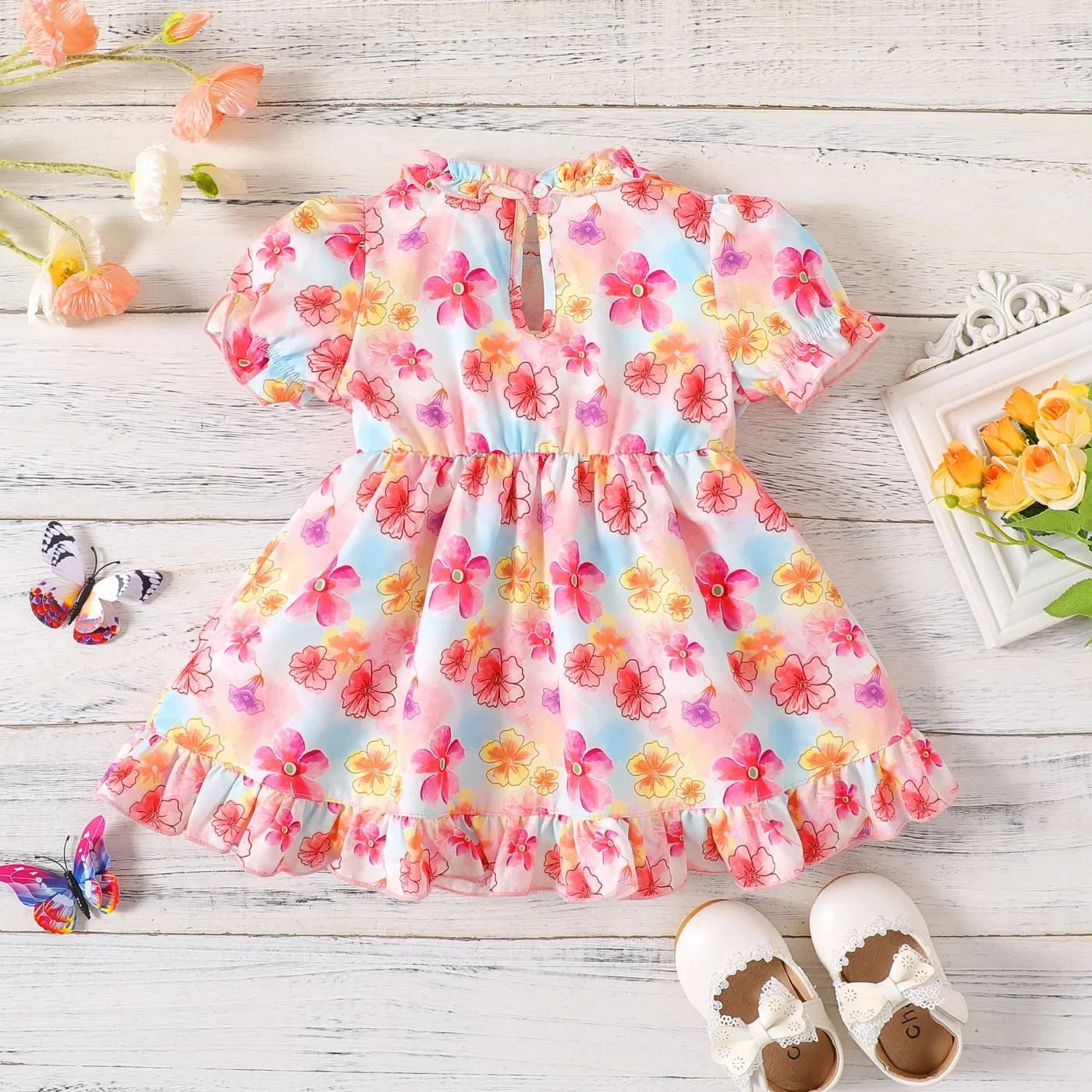 PatPat Baby Girl Allover Flower Print Frill Trim Puff-sleeve Dress Soft and Comfortable  Perfect for Outings and Daily Wear