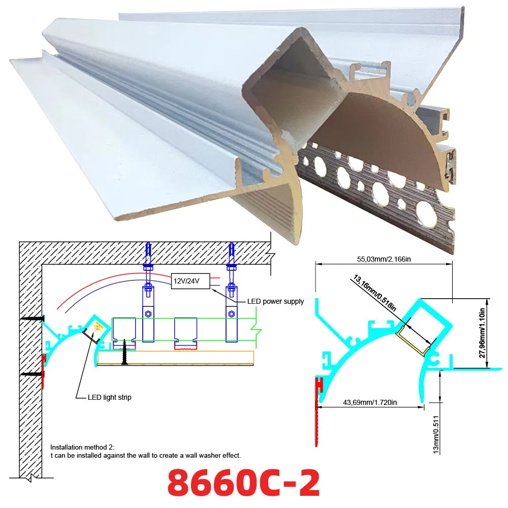 0.5M 1szt Profil do taśmy aluminiowej LED Kanał świetlny do gipsu w profilu LED Sufitowe oświetlenie ścienne