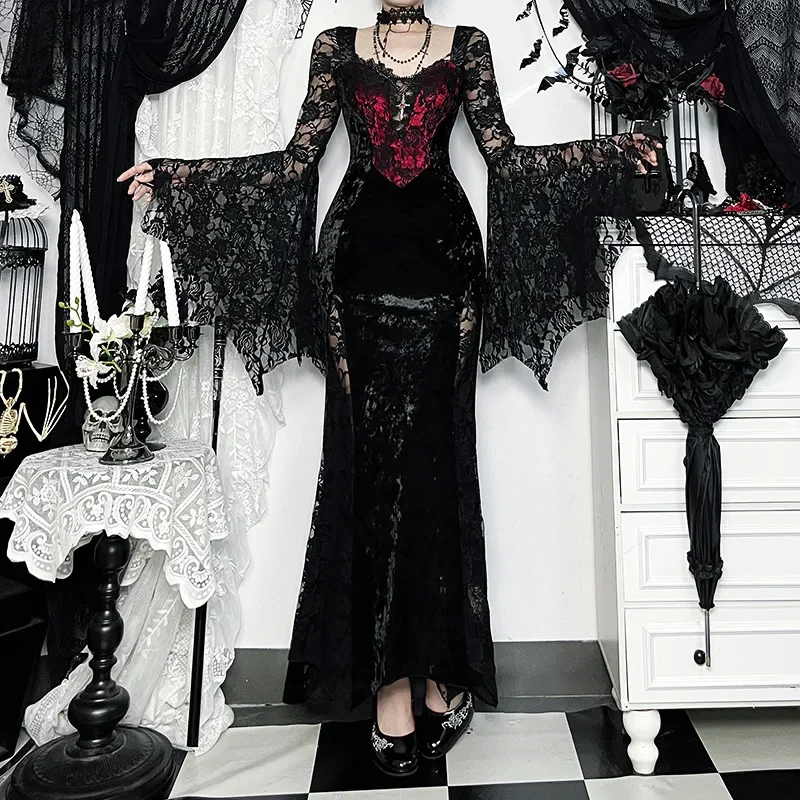 

Lace Hollow Out Velvet Long Dress for Women Gothic Outfits Embellished Batwing Sleeve Split Dresses Gown Halloween