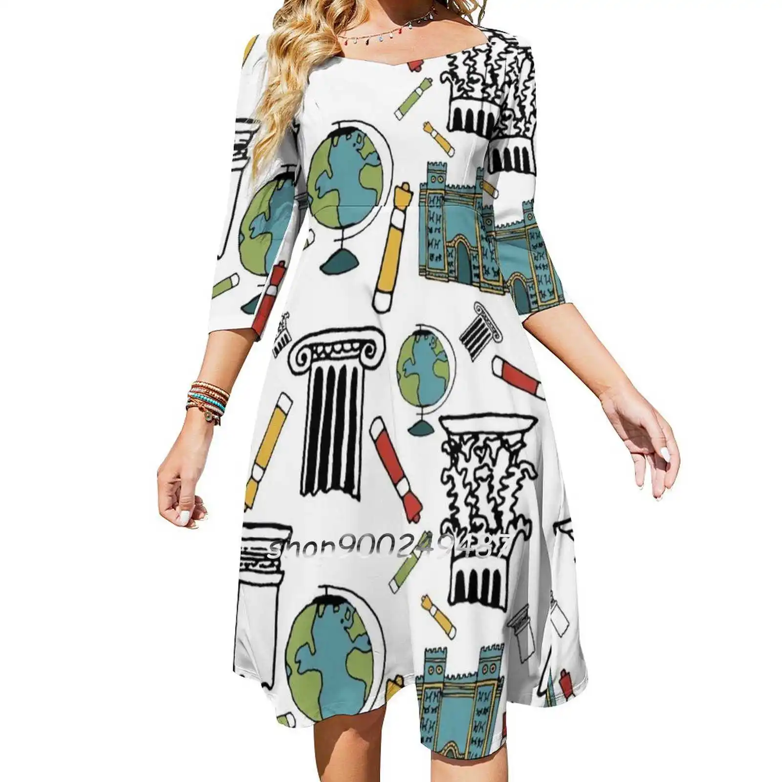 History Teachers Are My Heroes Cartoon Pattern Square Neck Dress Cute Loose Print Dresses Elegant Beach Party Dress History