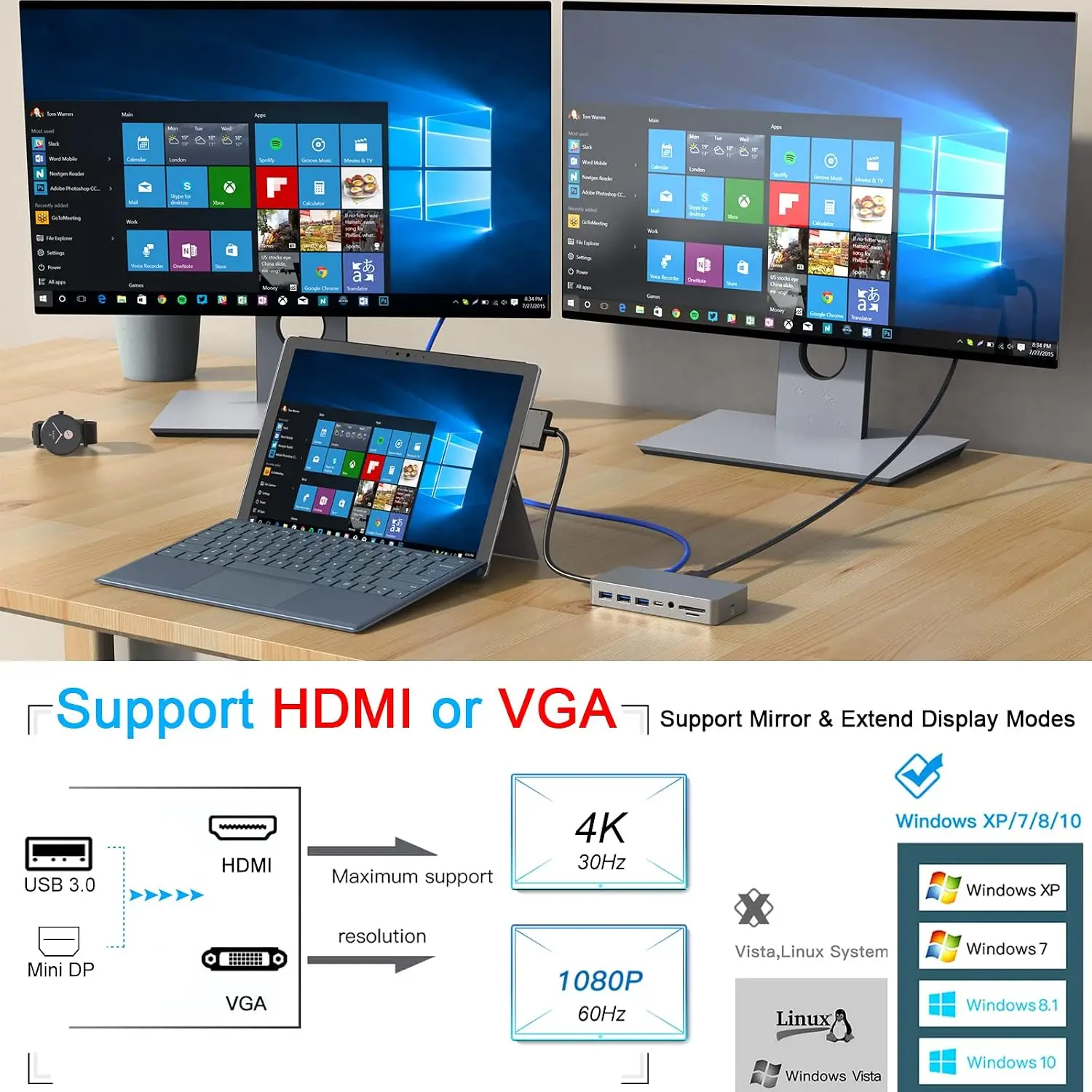 Microsoft Surface Pro USB 3.0 HUB Docking Station for Pro 4 5 6 Dock with Dual Display 4K HDMI/VGA 100M RJ45 Type C 3.5 mm SD/TF