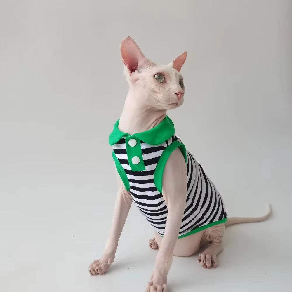 مجموعة سترة بولو على شكل ديناصور كرتوني للربيع/الصيف لـ Sphynx & Devon Rex - تي شيرت قطط مخطط فائق النعومة وجيد التهوية
