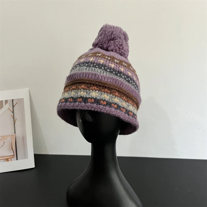 Japanese Fel Island Style Jacquard Pompom Knitted Hat for Autumn and Winter Sweet Warm Big Head Ear Protection Beanie Cap Women