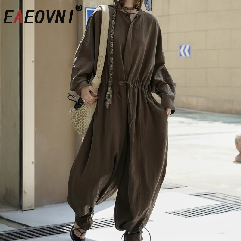 EAEOVNI 패션 느슨한 여성 점프 슈트 솔리드 컬러 드로우 스트링 ​​가운데 허리 와이드 레그 바지 의류 2025 가을 새 의류