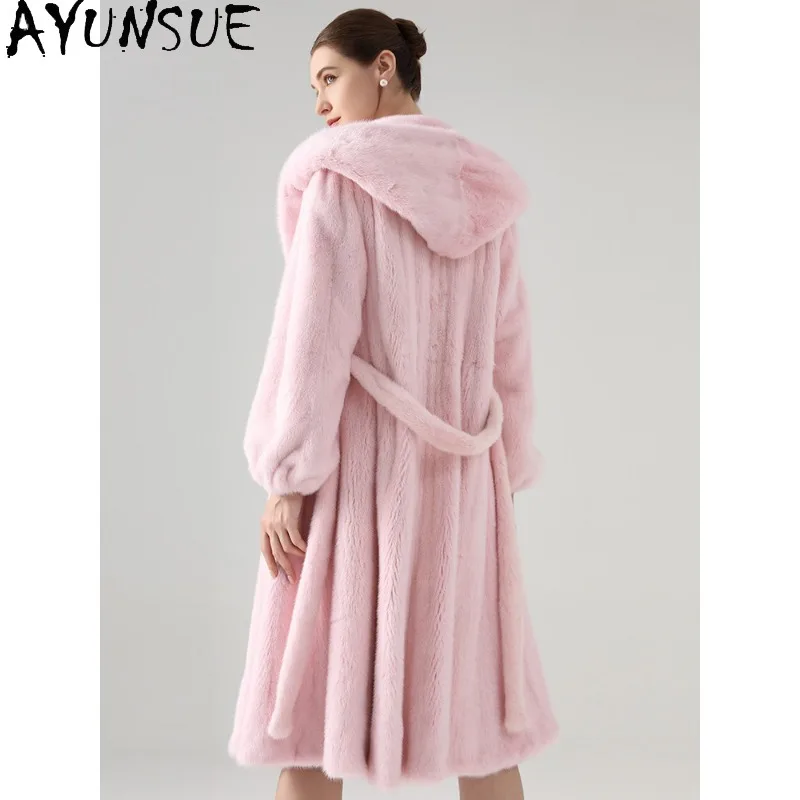 AYUNSUE Purple Label Velvet Hooded Fur Coat Woman Luxury Winter Jackets Woman Solid Color Real Fur Coats Woman Clothes Шуба