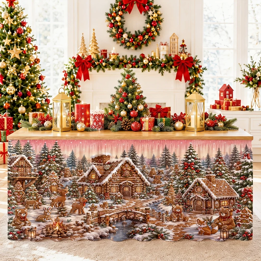 Send a tablecloth table skirt 1 piece, Christmas Village, Winter Wonderland, Gingerbread House, Cedar Tree, Red Berry, Polyester