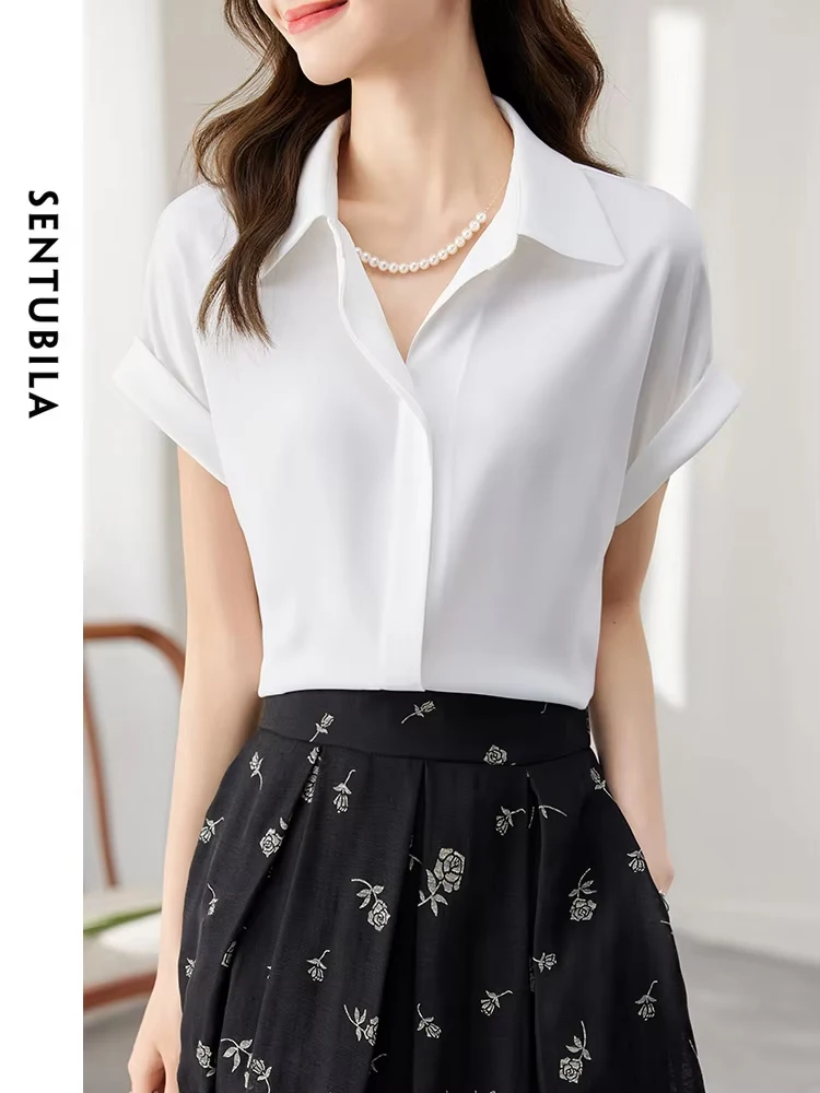 

SENTUBILA Vintage Elegant White Chiffon Shirts Women Summer Tops 2024 Beading Raglan Sleeves Turn Down Collar Fashion Blouses