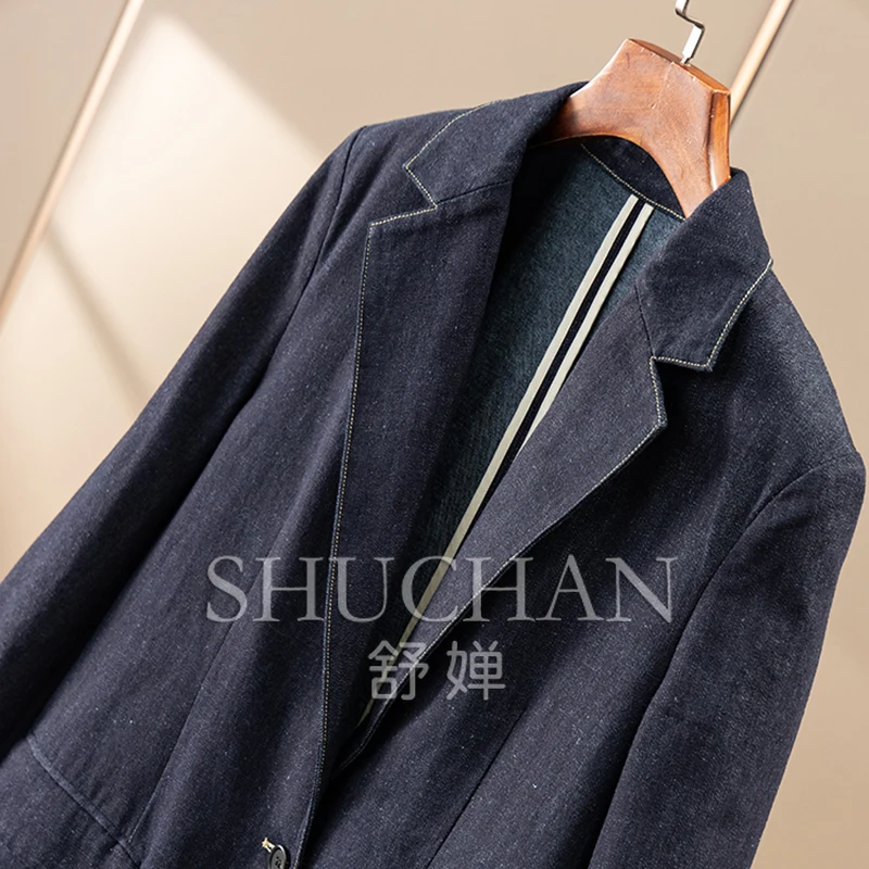 Early Autumn French Retro Blue Suit Collar Denim Jacket Women's 83C8 Abrigos Mujer Casaco Feminino