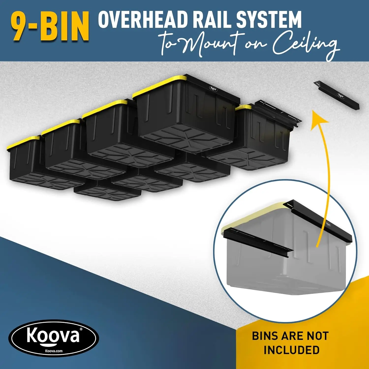 Koova Heavy-Duty Overhead Garage Storage Rack For 9 Bins. Adjustable Width, 360Lb Capacity. Diy Safe Mount, Easy Install. Fits