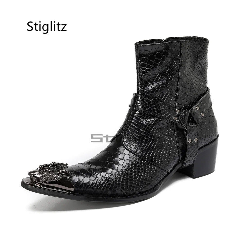Черные мужские ботинки челси на высоком каблуке, ботильоны из натуральной кожи с металлическим носком и узором аллигатора, деловые модельные туфли в британском стиле