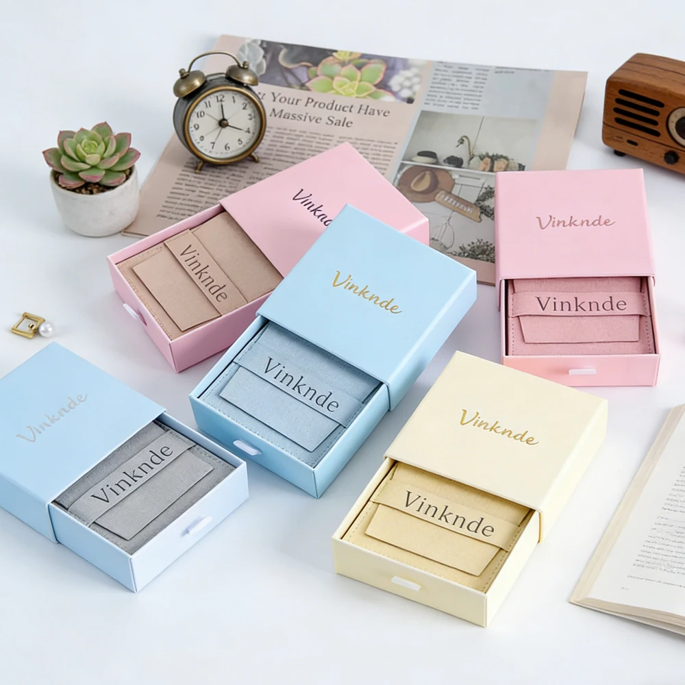 

50Pcs White Beige Paper Boxes Necklace Ring Bracelet Cardboard Gift Packing Drawer Box Custom Logo Jewelry Microfiber Suede Bag